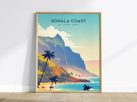 A vibrant poster featuring the Kohala Coast in Big Island, Hawaii, showcasing colorful cliffs, palm trees, and a serene beach with gentle waves. The artwork captures the essence of tropical beauty with a modern design aesthetic.