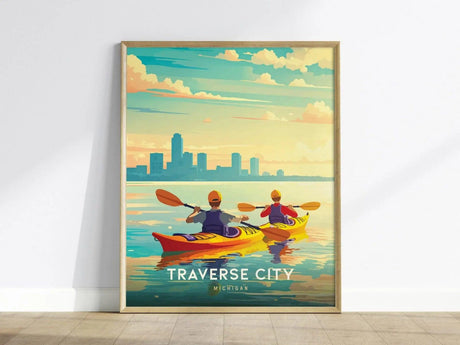 Two kayakers paddle on calm waters under a vibrant sky, with a city skyline in the background. Text reads Traverse City, Michigan.