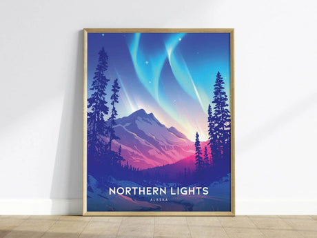 Framed poster featuring an artistic depiction of the Northern Lights over mountains and pine trees, with vibrant blue, pink, and purple hues. Text reads Northern Lights Alaska.