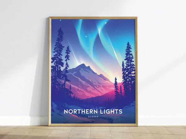 Framed poster featuring an artistic depiction of the Northern Lights over mountains and pine trees, with vibrant blue, pink, and purple hues. Text reads Northern Lights Alaska.