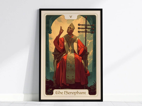 A framed Hierophant tarot card poster features a figure in red robes on a throne, gesturing upwards, with a triple cross scepter, against a mystical background.