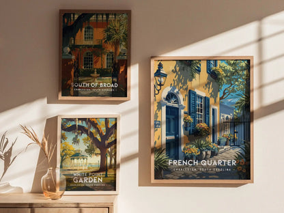 French Quarter Neighborhood, Charleston, South Carolina - Historic Wall Art Travel Poster Print Southeast Home Decor Southern Charm Gift Set