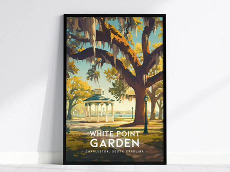 Framed poster of White Point Garden in Charleston, featuring a gazebo under large oak trees with Spanish moss. The artwork captures a serene Southern landscape in vibrant colors.