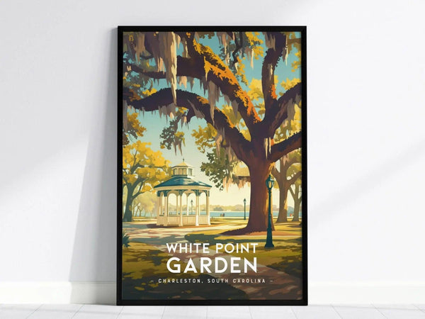 Framed poster of White Point Garden in Charleston, featuring a gazebo under large oak trees with Spanish moss. The artwork captures a serene Southern landscape in vibrant colors.