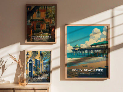 Folly Beach Pier, Charleston, South Carolina - Fishing Pier Wall Art Travel Poster Print Southeast Home Decor Southern Charm Surfer Gift