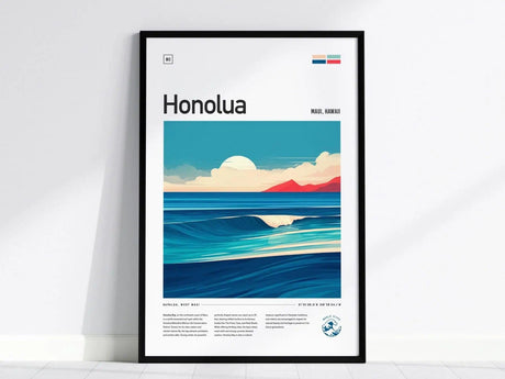 Framed Honolua Bay poster featuring stylized ocean waves and a vibrant sunset over distant red hills, with the header Honolua and location Maui, Hawaii at the top.
