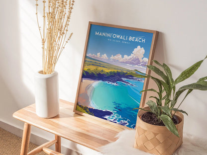 Manini'owali Beach Poster, Big Island Hawaii - Pristine White Sand and Turquoise Waters, Wall Art for Beach Lovers, Framed/Unframed Versions