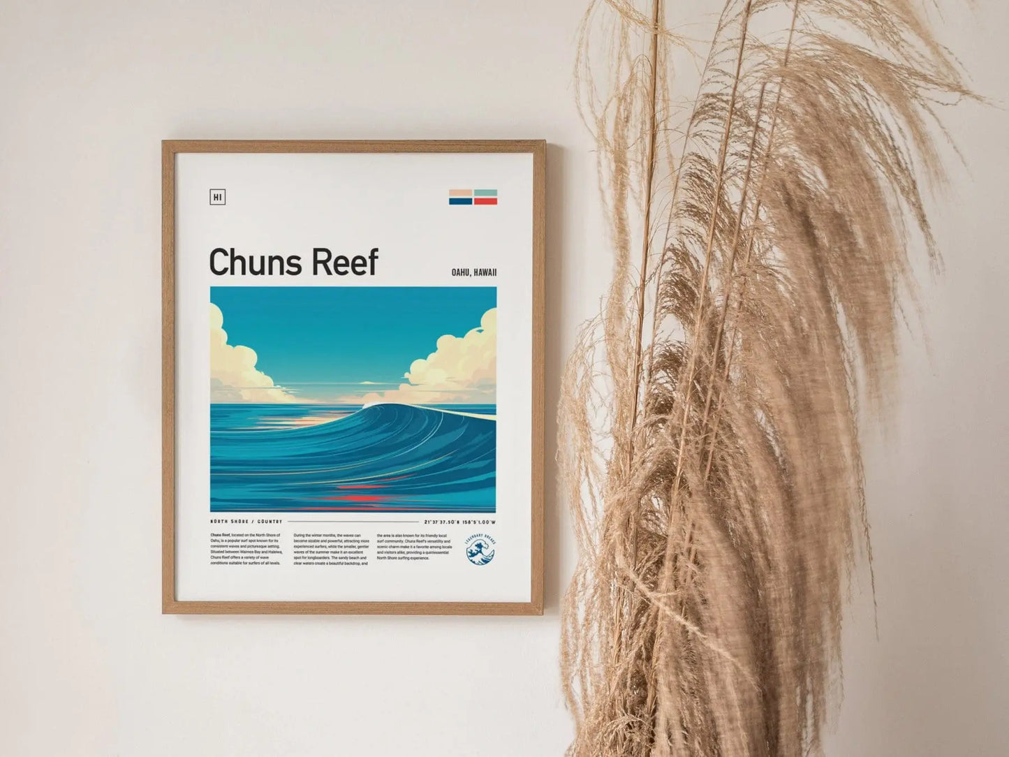 Chuns Reef Surf Spot Framed Poster, North Shore Wall Art, Hawaii Surf Travel Print, Surfer Home Decor Design, Oahu Surfing Wave Gift Set