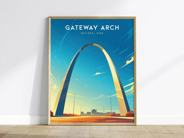 A framed poster of the Gateway Arch against a vibrant blue sky with stylized clouds, emphasizing its elegant metallic curve. The foreground features abstract city and tree silhouettes.