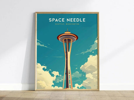 A vibrant poster of the Space Needle, showcasing the iconic 605-foot tower against a bright blue sky with fluffy white clouds. The artwork features a vintage travel poster style, highlighting Seattle, Washington.