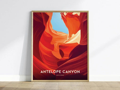 Framed poster of Antelope Canyon with vibrant red and orange sandstone formations against a blue sky. The text at the bottom reads Antelope Canyon, Arizona.