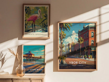 Ybor City, Tampa, Florida Framed Poster, Floridian Downtown Nightlife Cigar Travel Print Urban Central FL Home Decor Wall Art Gift Set