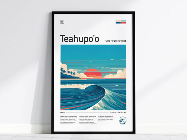 A framed poster titled Teahupoo features a vibrant illustration of a wave crashing in front of a sunset, surrounded by palm trees. The artwork captures the essence of Tahitis iconic surf spot, showcasing the beauty of the ocean.