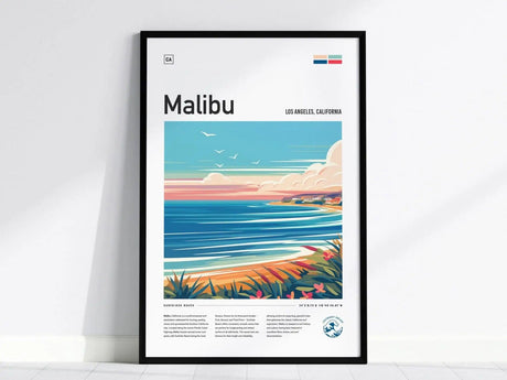 Framed poster featuring a stylized illustration of Malibus coastline, with vibrant ocean waves, colorful sky, and coastal vegetation. The text Malibu, Los Angeles, California is prominently displayed.