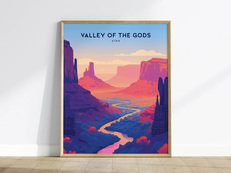 A framed poster of the Valley of the Gods in Utah features vibrant, stylized red rock formations and a winding river under a colorful sky.