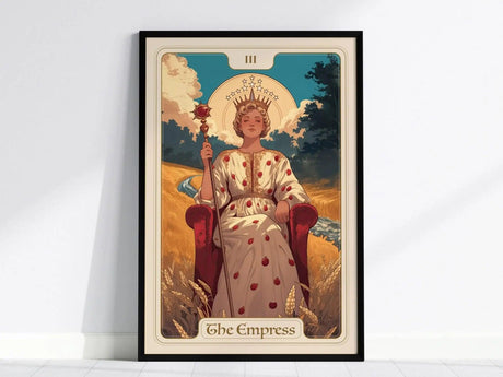 A framed Empress tarot card poster shows a regal figure on a throne, holding a scepter, wearing a crown of stars, surrounded by nature and wheat.