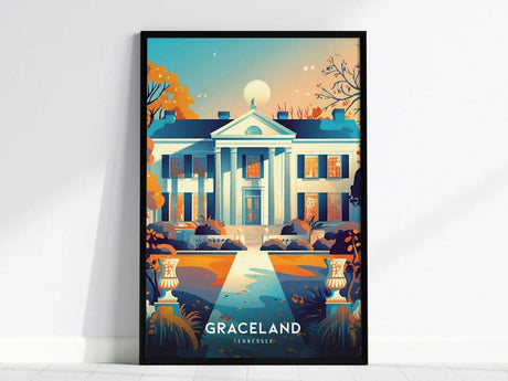 Framed poster depicting a stylized illustration of Graceland, featuring a grand mansion with pillars and lush autumn trees, under a moonlit sky. The text Graceland Tennessee is displayed below.