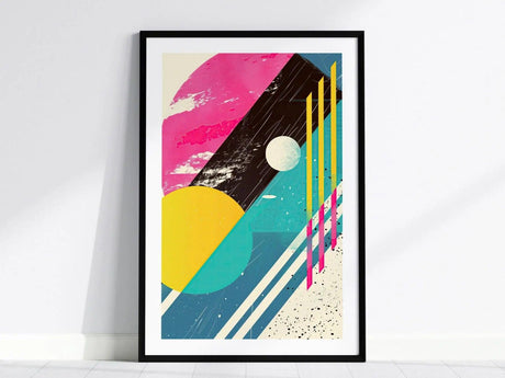 A vibrant 1980s abstract design poster features bold geometric shapes, including a large yellow circle, turquoise elements, and striking pink and black lines.
