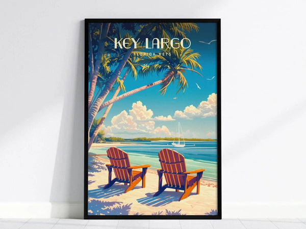 A vibrant poster featuring a tranquil beach scene in Key Largo, Florida. Two wooden Adirondack chairs sit on the sandy shore, framed by palm trees and turquoise waters, with a sailboat in the distance under a bright blue sky.