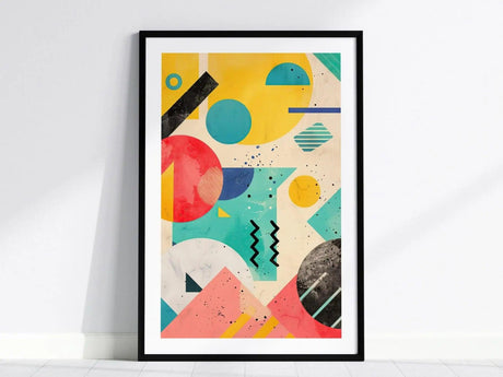 A vibrant abstract poster features bold geometric shapes in a mix of yellow, teal, red, and black against a light background. The design includes circles, triangles, and zigzag patterns, evoking a playful 1990s retro aesthetic.