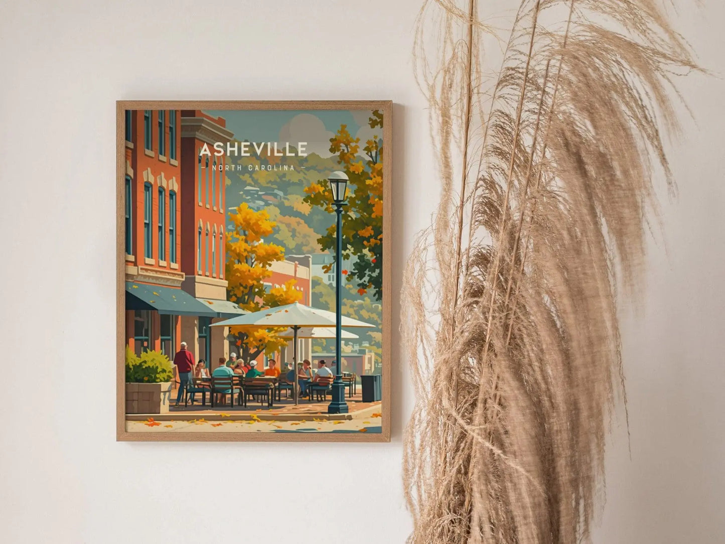 Asheville Downtown, North Carolina, Framed Wall Art, NC Travel Poster Print Appalachian Mountains Vacation Home Cabin Decor Artwork Gift Set