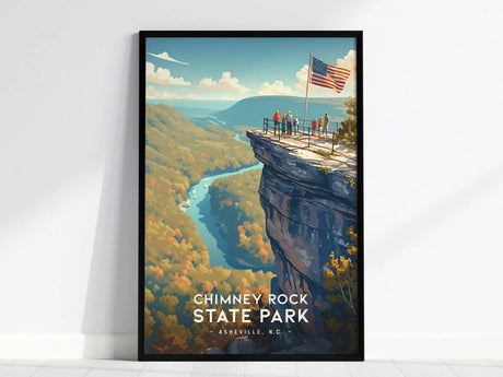 Framed poster of Chimney Rock State Park features a scenic view of a rocky overlook with people and an American flag, surrounded by lush forests and a winding river.