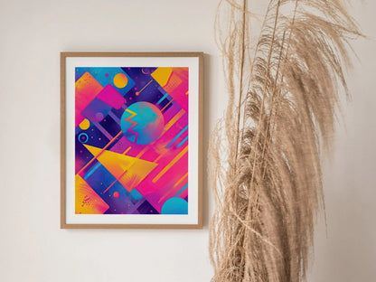 Retrowave 90s Art Framed Poster 02, 80s Synthwave Design Series, College Party Style Abstract Art, Retro Modern Artwork Neon Dorm Decor