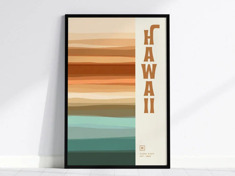 Framed poster featuring abstract horizontal stripes in warm and cool tones with the word Hawaii vertically on the right. The design is minimalist.