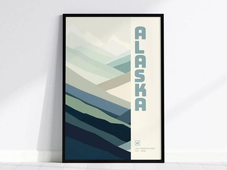 Alaska Minimalist Design Framed Wall Art, Frontier State Minimal Abstract Modern Poster, Alaskan Designer Decor AK Travel Print Typography - Swell Scenes