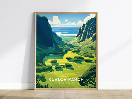 Framed poster depicting the lush, green Kualoa Ranch landscape in Oahu, Hawaii, with dramatic cliffs and blue skies. The text Kualoa Ranch Oahu, Hawaii is at the bottom.