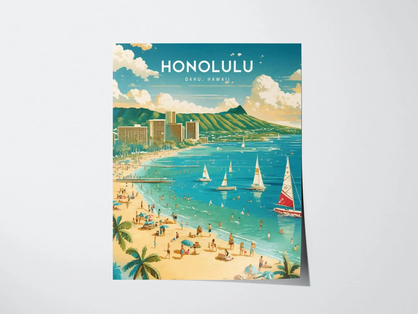 Honolulu, Oahu Poster - Waikiki & Diamond Head View, Framed/Unframed Hawaiian Landscape, Perfect Gift for Travelers and Home Decor