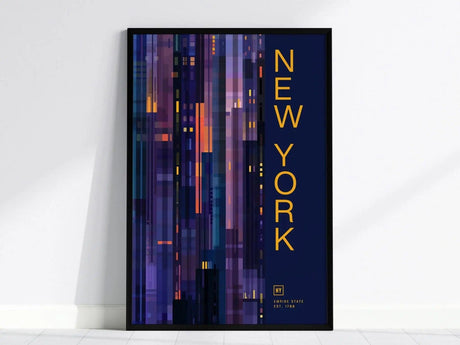 A framed poster featuring a stylized, abstract cityscape with vertical lines in purple and orange hues, and NEW YORK written vertically in bold yellow letters on a dark background.