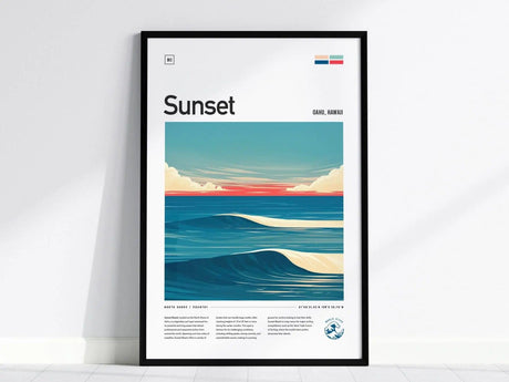 Framed poster of Sunset Beach, Oahu, Hawaii, featuring stylized waves under a sky with clouds and sunset hues. Text includes location details and surf spot information.