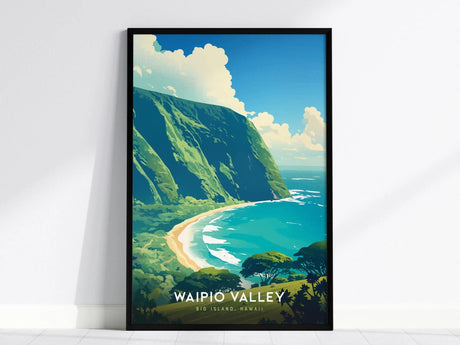 A framed poster depicting Waipio Valley with lush green cliffs, a sandy beach, and the blue ocean under a partly cloudy sky. Text reads Waipio Valley, Big Island, Hawaii.