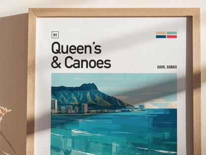 Queens & Canoes Waikiki Surf Spot Framed Poster, Honolulu Surfing Wall Art, Oahu Hawaii Vacation Travel Print, Longboarder Surfer Decor Gift