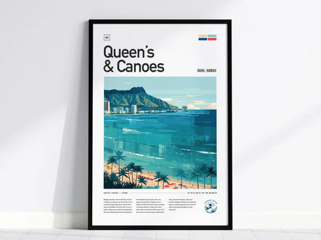 Framed poster titled Queens & Canoes featuring a vibrant illustration of Waikiki Beach with Diamond Head in the background. Palm trees and ocean waves enhance the tropical aesthetic.