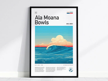 Framed poster featuring a stylized wave and vibrant sunset with Ala Moana Bowls text. The artwork captures a serene ocean scene against a colorful sky.
