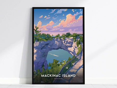 Framed poster featuring a stylized illustration of Mackinac Islands Arch Rock, with vibrant pink clouds, green foliage, and a blue lake. Text reads Mackinac Island Michigan.