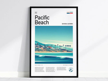 Framed poster featuring an illustrated view of Pacific Beach, San Diego, with palm trees, shoreline, and ocean waves. The design is modern, capturing a vibrant coastal scene.