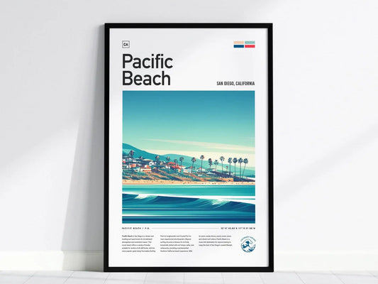 Pacific Beach CA Surf Spot Framed Poster, San Diego Wall Art, California Surf Travel Print, Surfer Home Decor Socal Surfing Design Wave Gift