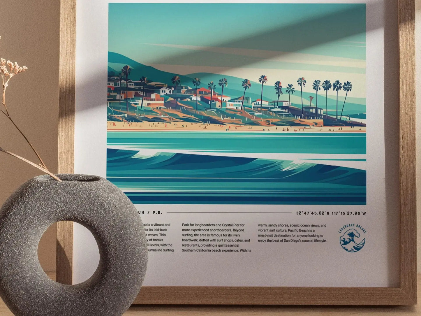 Pacific Beach CA Surf Spot Framed Poster, San Diego Wall Art, California Surf Travel Print, Surfer Home Decor Socal Surfing Design Wave Gift