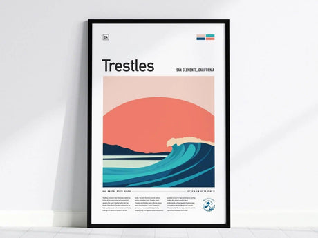 Framed poster featuring stylized waves under a minimalist sunset with the title Trestles, San Clemente, California. The design includes bold colors and clean lines, emphasizing a coastal theme.