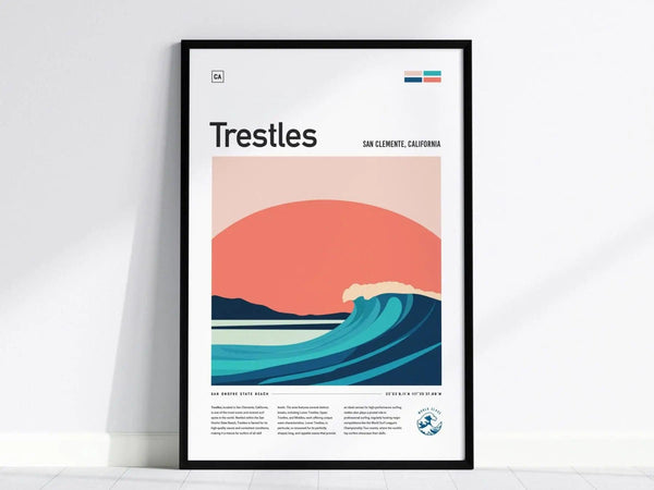 Framed poster featuring stylized waves under a minimalist sunset with the title Trestles, San Clemente, California. The design includes bold colors and clean lines, emphasizing a coastal theme.