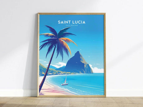 A framed poster features a vibrant illustration of Saint Lucia, showcasing a palm tree, a sailboat on turquoise waters, and the iconic Pitons against a clear blue sky.