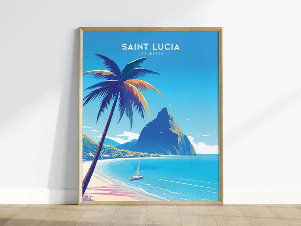 A framed poster features a vibrant illustration of Saint Lucia, showcasing a palm tree, a sailboat on turquoise waters, and the iconic Pitons against a clear blue sky.
