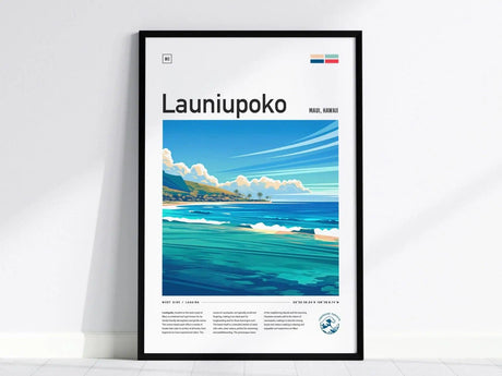 Framed poster featuring a stylized illustration of Launiupoko Beach in Maui, Hawaii, with vibrant blue ocean waves, palm trees, and distant mountains under a clear sky.