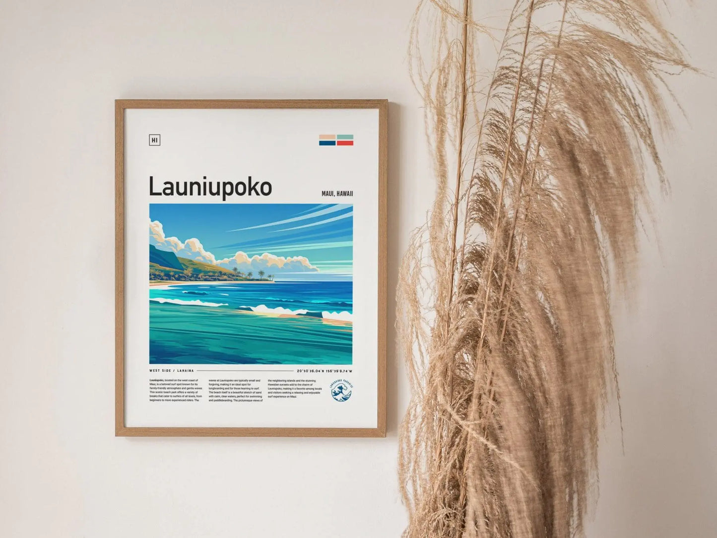 Launiupoko Framed Surf Poster, Lahaina Maui Beach Travel Print, Hawaii Surfer Home Decor, Longboard Surfing Wave Wall Art Design Gift Set