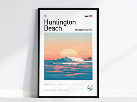Framed poster of Huntington Beach featuring a stylized sunset over ocean waves with a pier in the background. The text includes “Huntington Beach, Orange County, California” at the top.