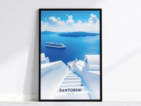 Framed poster of Santorini, Greece, featuring whitewashed steps descending to a deep blue sea with a cruise ship and distant islands under a bright, cloudy sky.