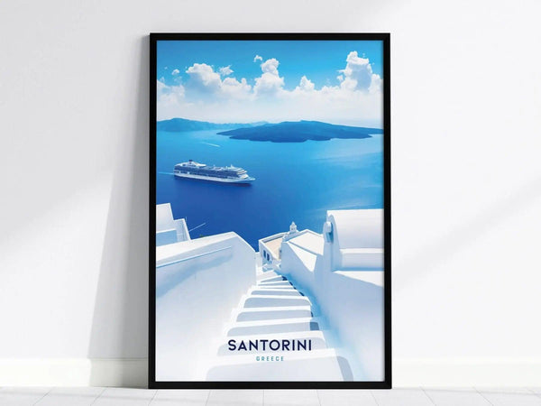 Framed poster of Santorini, Greece, featuring whitewashed steps descending to a deep blue sea with a cruise ship and distant islands under a bright, cloudy sky.